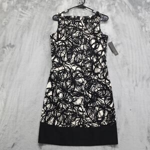 NEW Ab Studio Dress Womens 4 Black White Shift Dress Midi Boat Neck Sleeveless